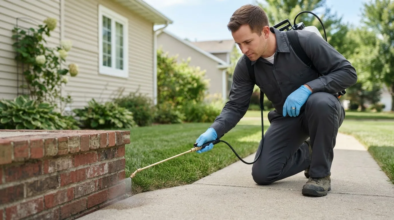 Pest control technician treating a home near Houston, TX